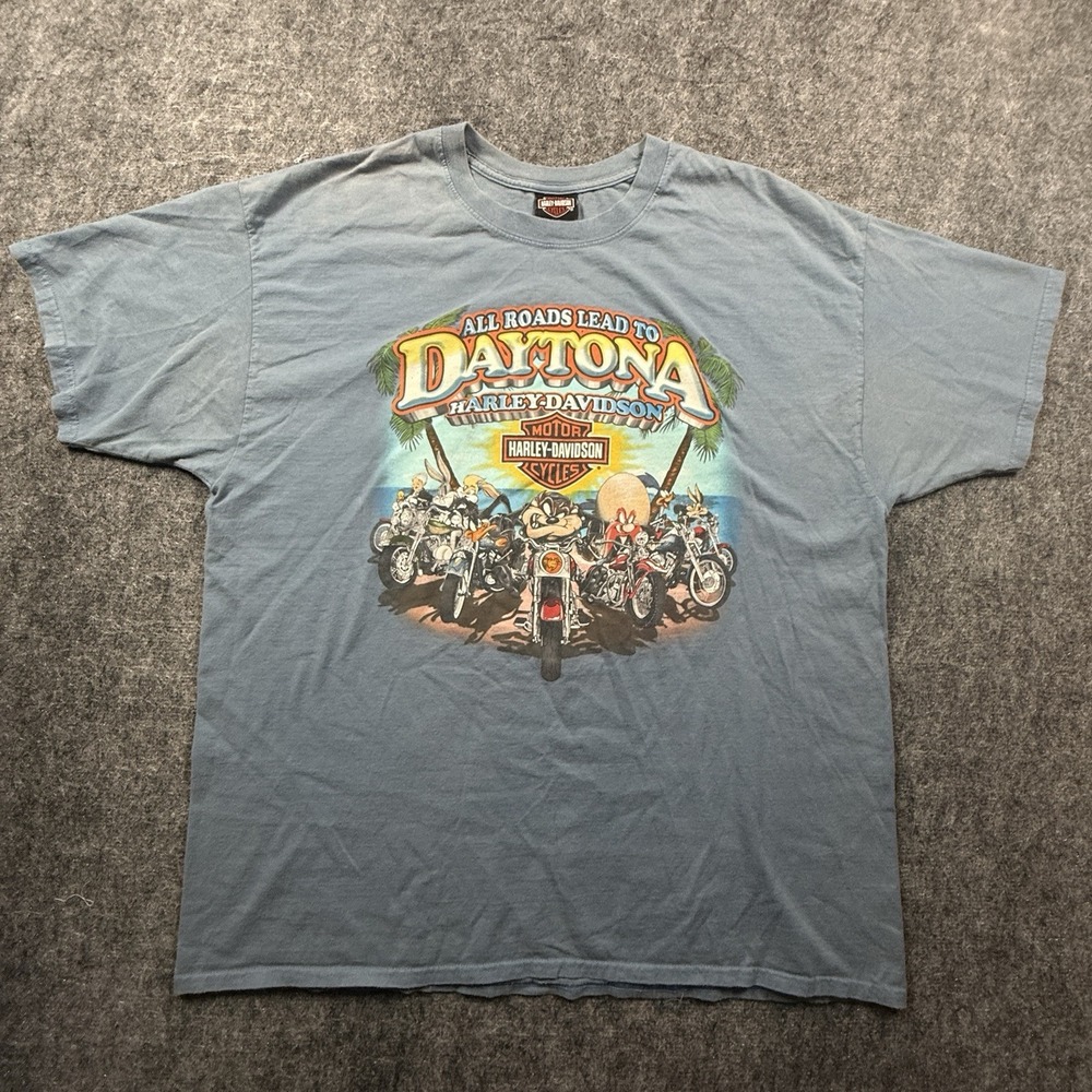 Harley-Davidson Looney Tunes T Shirt Mens 2XL Blue Daytona Beach Double Sided